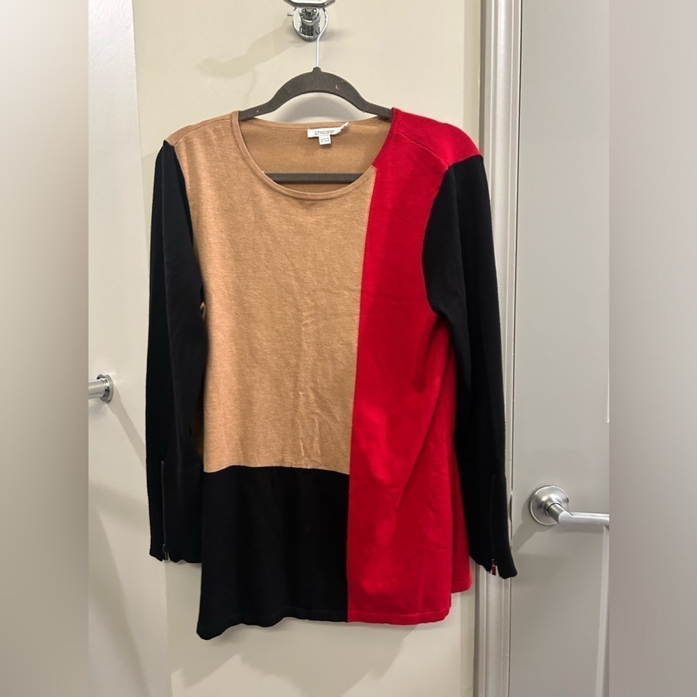 Chico’s Colorblock Long Sleeve Sweater Women’s 2 Large Red Black Tan Zippers